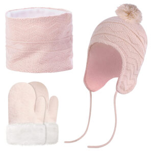 Children's Winter Hats Scarf and Gloves Set 3 in 1 Thermal Hat Neck Warmer Gloves with Thicken Fleece Lining Elastic Outdoor for Boys Girls