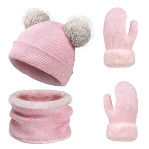 Children's Winter Hats Scarf and Gloves Set 3 in 1 Thermal Hat Neck Warmer Gloves with Thicken Fleece Lining Elastic Outdoor for Boys Girls