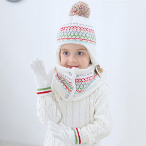 3Pcs Kids Winter Beanie Hat Scarf Gloves Set for Girls Boy Warm Knited Earflap Beanie Fleece Cap