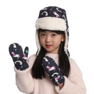 Kids Winter Hats and Gloves Sets for Girls Boys Toddler Warm Fleece Lining Children Print Cap