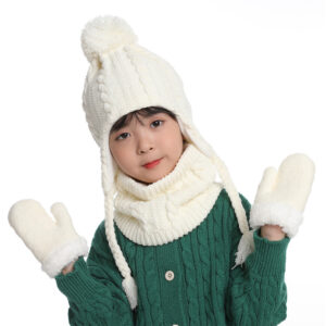 Winter Kids Knit Beanie Hat Scarf Gloves Set | Beanie Cap with Thick Fleece Lining & Neck Warmer Set for Children Girls Boys