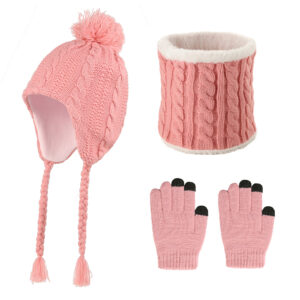 Kids Warm Beanie Hat Scarf Gloves Set Winter Thermal Knitted Hat Scarf Gloves Sets For Girls Boys Pom Pom Hats Neck Warmer Touchscreen Gloves For Children
