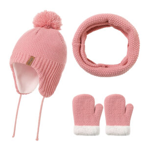 Winter Hat Scarf and Gloves Set Unisex Kids Winter Warm Cable Knitted Earflap Beanie Hat with Pompom Fleece Lined Mittens Outdoor Activity for Boys and Girls for 6 Months-3 Years Old Kids