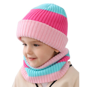 2-7 Years Old Kids Winter Hat Scarf Set, Winter Warm Beanie Hat, Knitted Crochet Hat and Scarf with Fleece Lining, Colorful Striped Winter Hat for Toddler Kids Girls Children